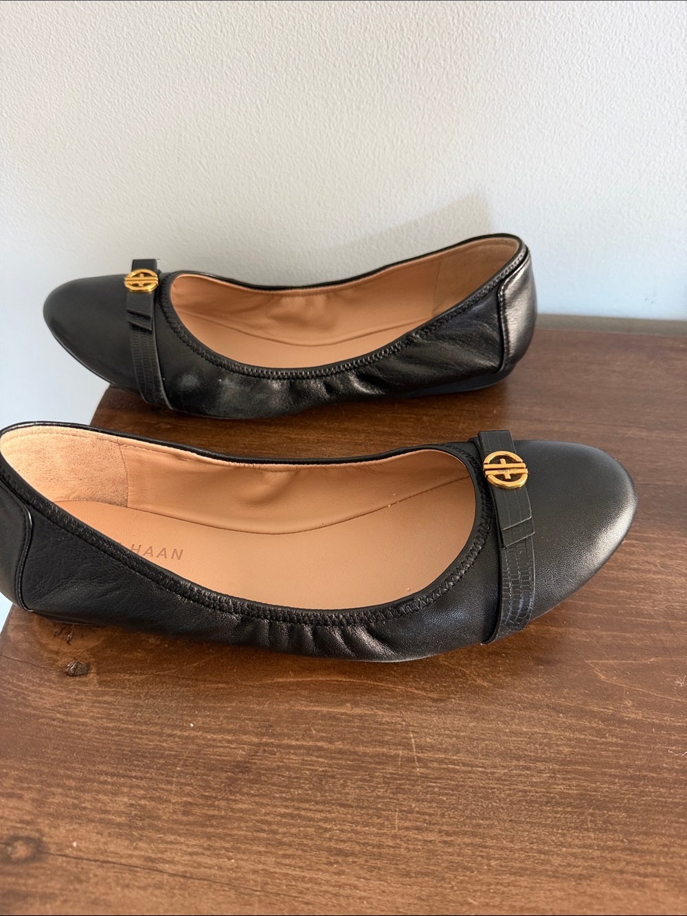 Cole Haan Black Leather Ballet Flats with Gold Accent